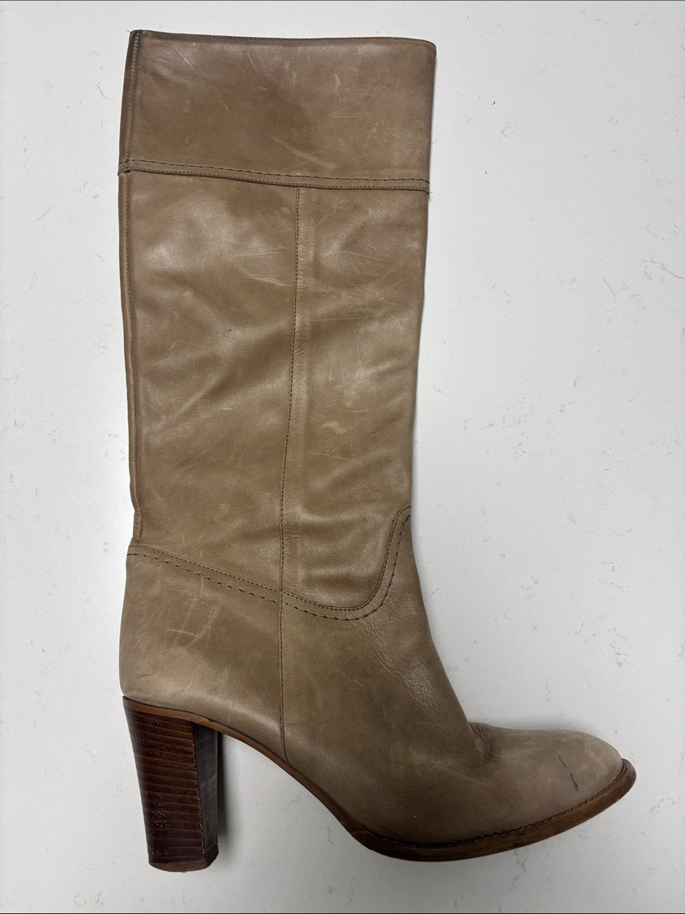J. Crew Taupe Leather Mid-Calf Block Heel Boots